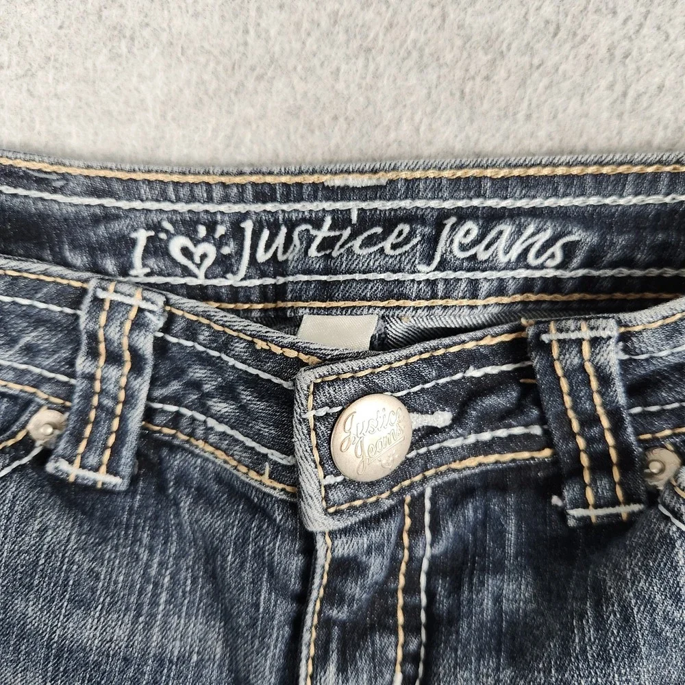 Justice Jeans Girls 8S Blue Denim Whiskering Distressed Flap Pocket Flared Leg